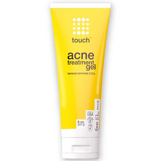 Bright yellow tube of Touch Acne Treatment Gel with 2.5% benzoyl peroxide, 8 oz (227g), made in the USA, designed for acne treatment.