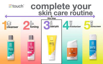 Touch Skincare Routine featuring five steps: cleanser, toner, serum, moisturizer, and sunscreen. Acne treatment gel is highlighted as step 3.
