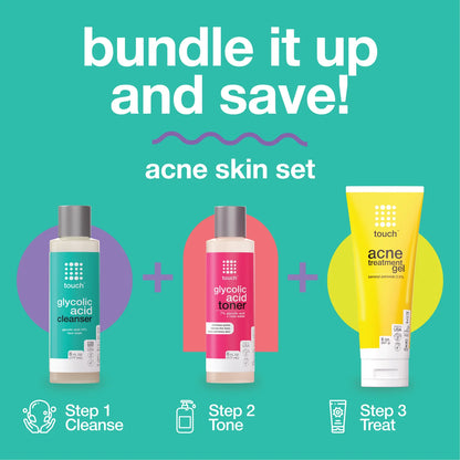 Touch Acne Skin Set with cleanser, toner, and treatment gel. A three-step system to cleanse, tone, and treat acne, with a bundled savings offer.