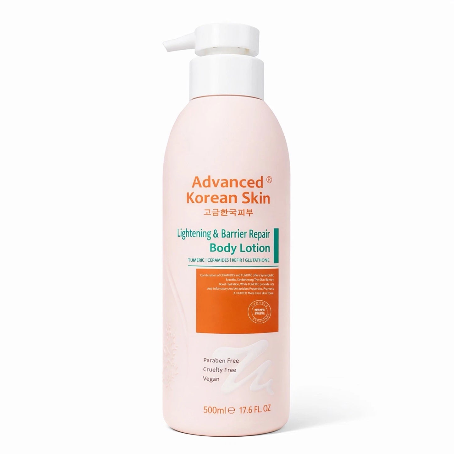 Advanced Korean Skin Lightening & Barrier Repair Body Lotion 500ml is a peach-colored, vegan, cruelty-free, paraben-free lotion with glutathione and barrier-repair benefits and a convenient pump dispenser.