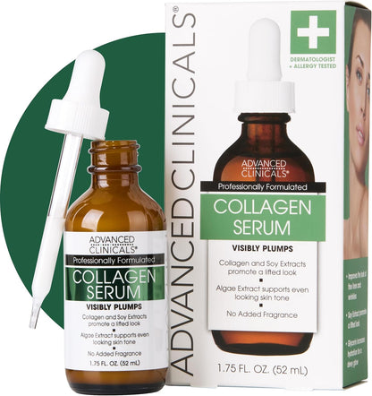 Collagen serum bottle and packaging with dropper on a white background