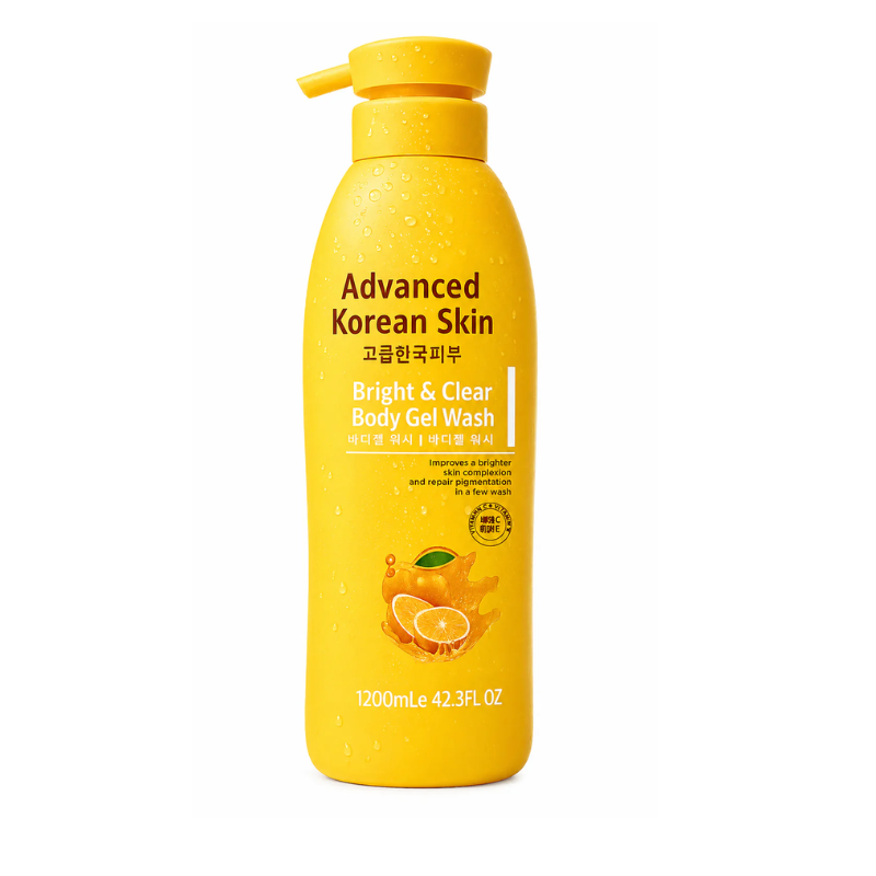 Yellow bottle of Advanced Korean Skin Bright & Clear Body Gel Wash on a white background