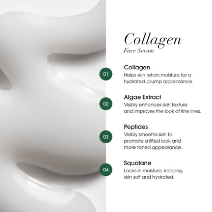 Collagen face serum with benefits listed on a white background