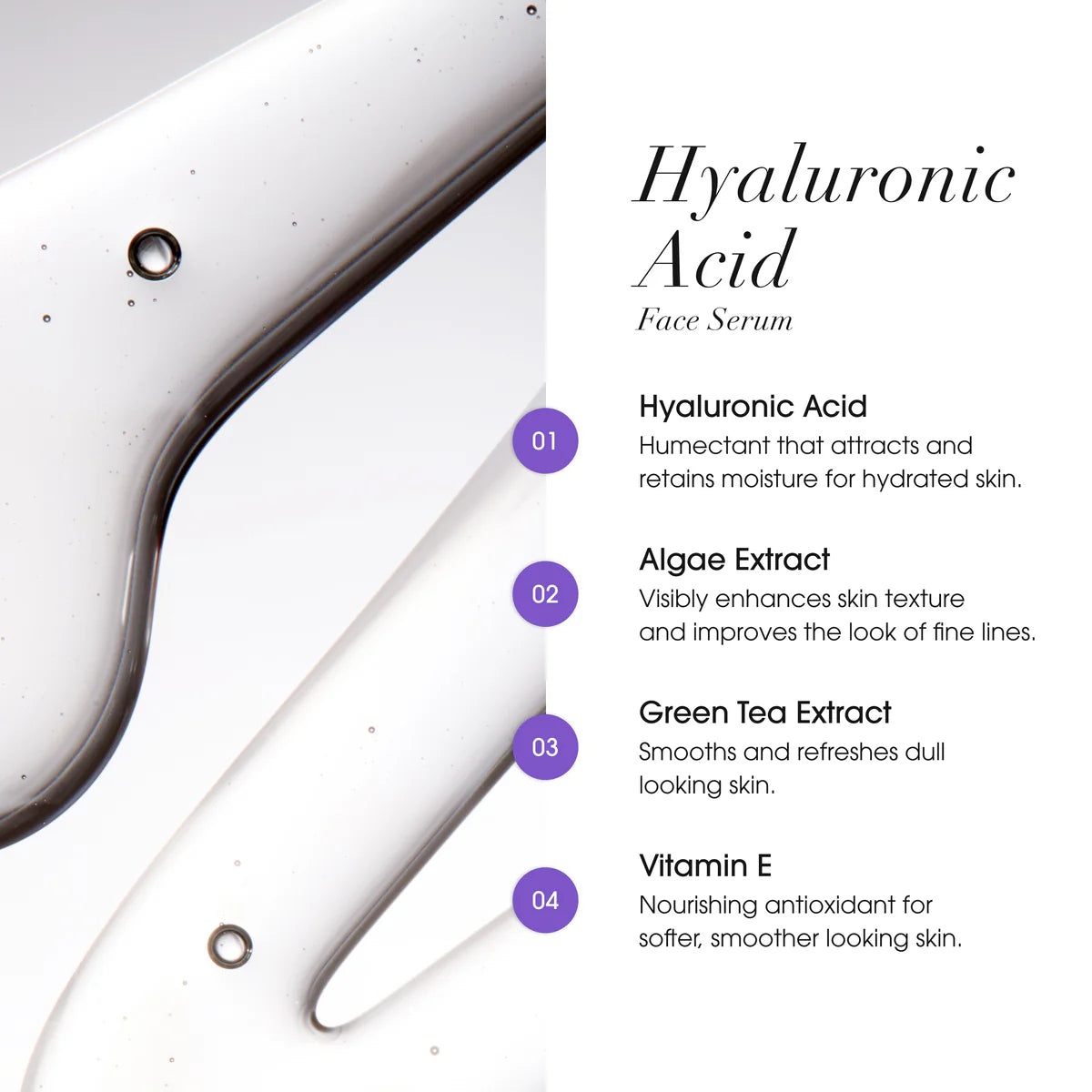 Hyaluronic Acid face serum with ingredients listed on a white background