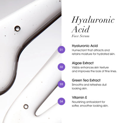 Hyaluronic Acid face serum with ingredients listed on a white background