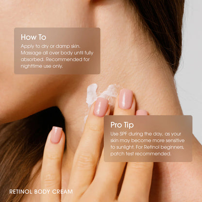 Close-up of a person applying retinol body cream with text instructions on skin care.