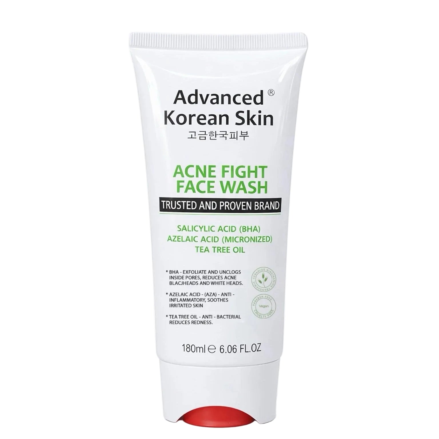 Tube of Advanced Korean Skin Acne Fight Face Wash on a white background