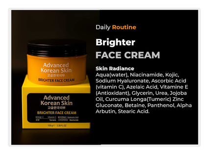 Advanced Korean Skin Brighter Face Cream in a yellow jar with a black lid, displayed on top of its yellow box against a black background, with product details text on the right.