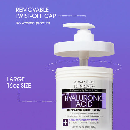 Hyaluronic acid body cream with a pump on a purple background