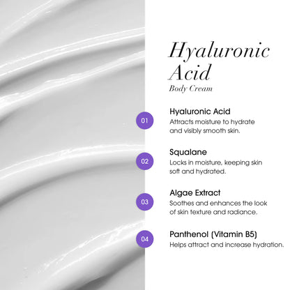 Hyaluronic Acid body cream with ingredient list on a white background