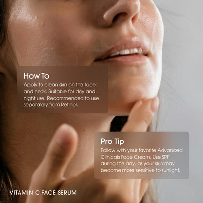 Close-up of a person applying vitamin C face serum with text instructions on use.