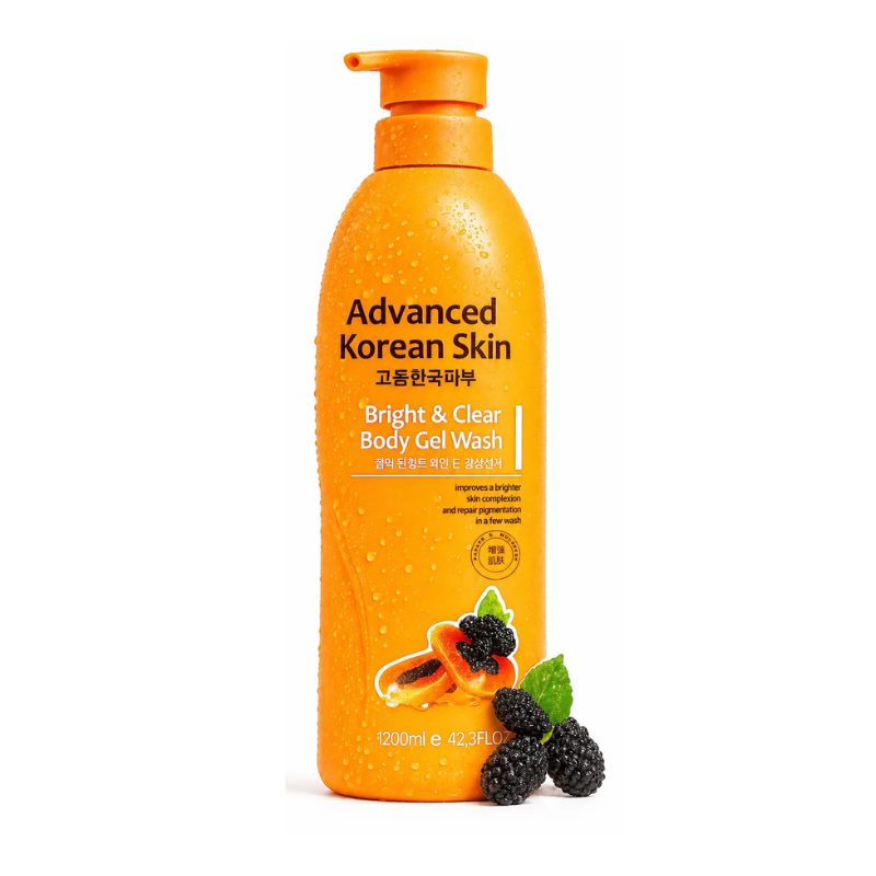 Orange bottle of 'Advanced Korean Skin' body gel wash with blackberries and a leaf on a white background