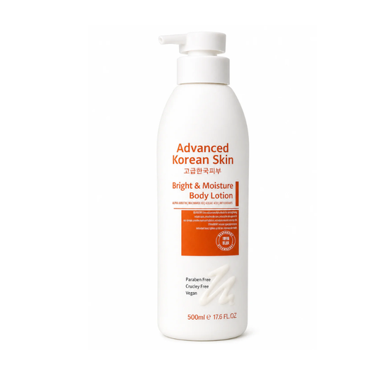 White bottle of Advanced Korean Skin Bright & Moisture Body Lotion on a white background