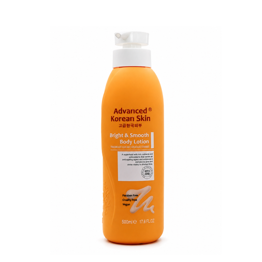 Orange bottle of Advanced Korean Skin Bright & Smooth Body Lotion on a white background