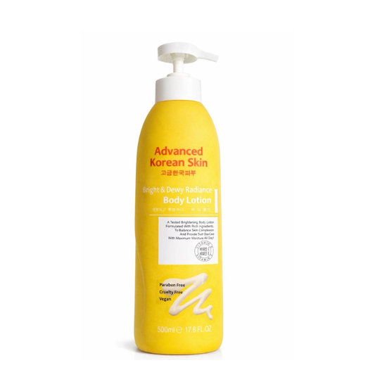 Yellow bottle of Advanced Korean Skin body lotion on a white background
