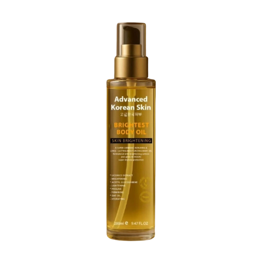 Bottle of Advanced Korean Skin Brightest Body Oil on a white background