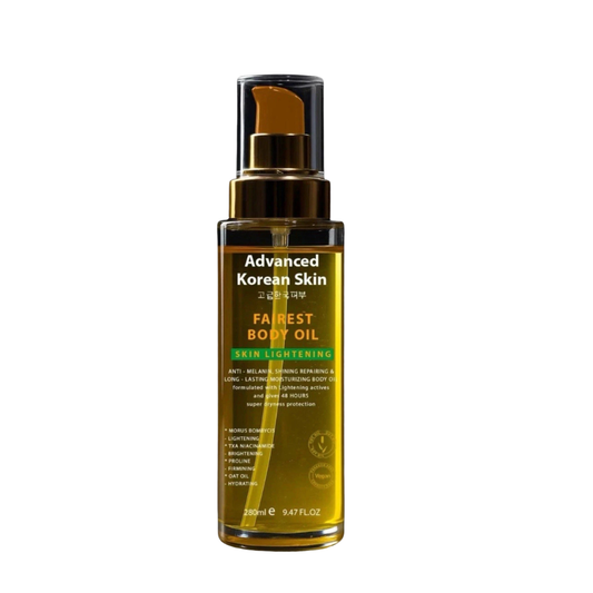 Bottle of Advanced Korean Skin Fariest Body Oil on a white background