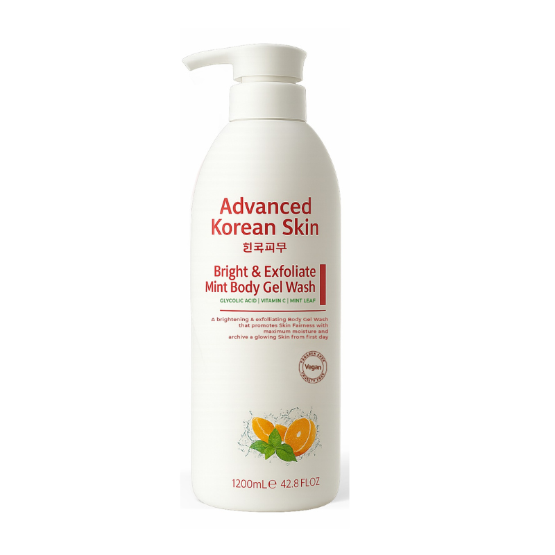 White bottle of Advanced Korean Skin body wash with pump on a white background