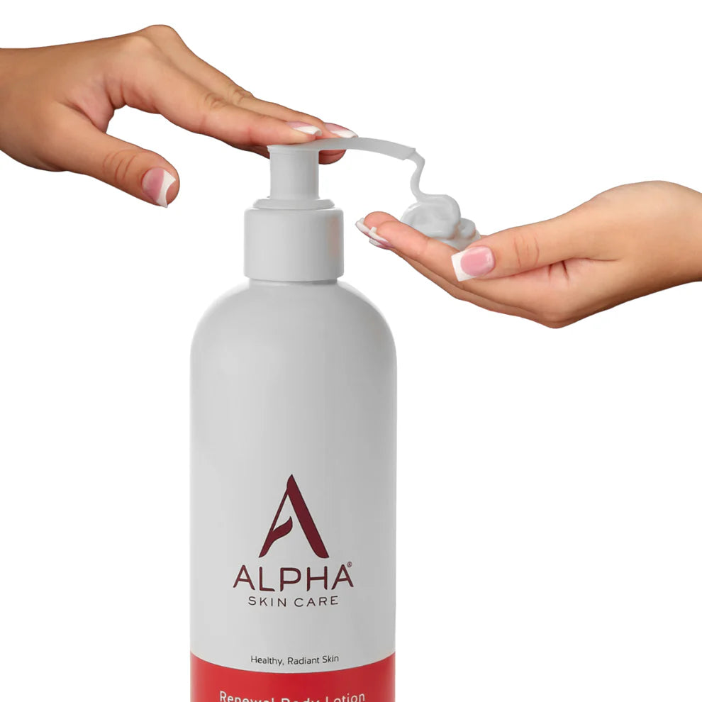 Alpha Skin Care bottle with pump being held by hands on a white background
