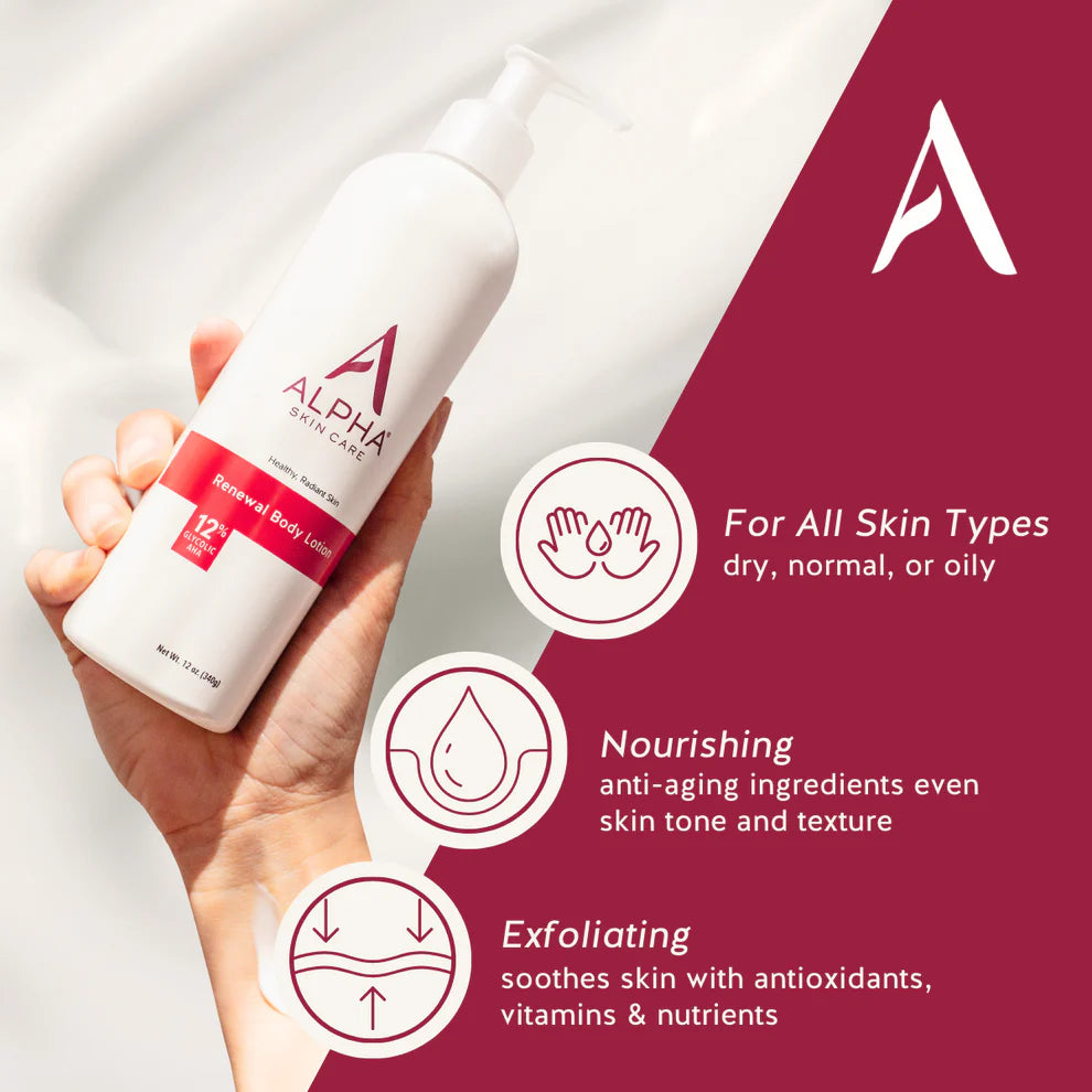 Hand holding a bottle of Alpha Skin Care lotion with product features on a white background