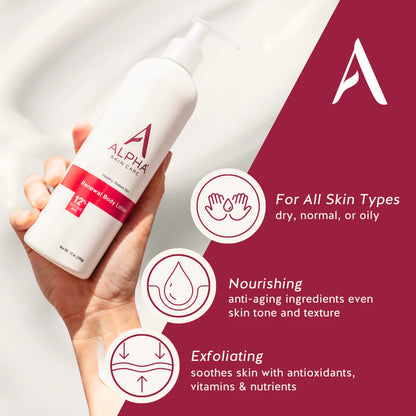 Hand holding a bottle of Alpha Skin Care lotion with product features on a white background