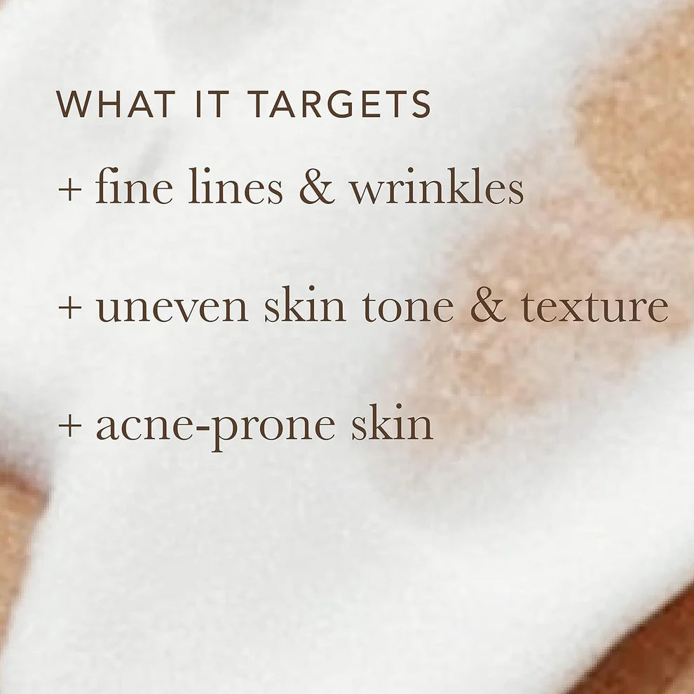 Text listing skin care benefits on a blurred background