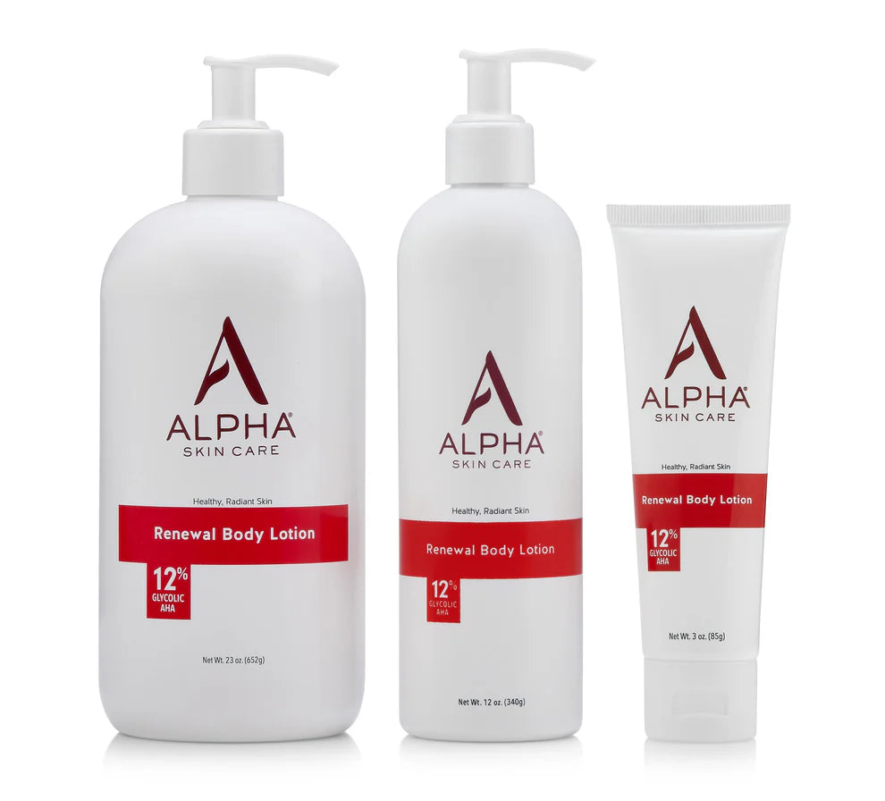 Alpha Skin Care renewal body lotion bottles and a tube on a white background