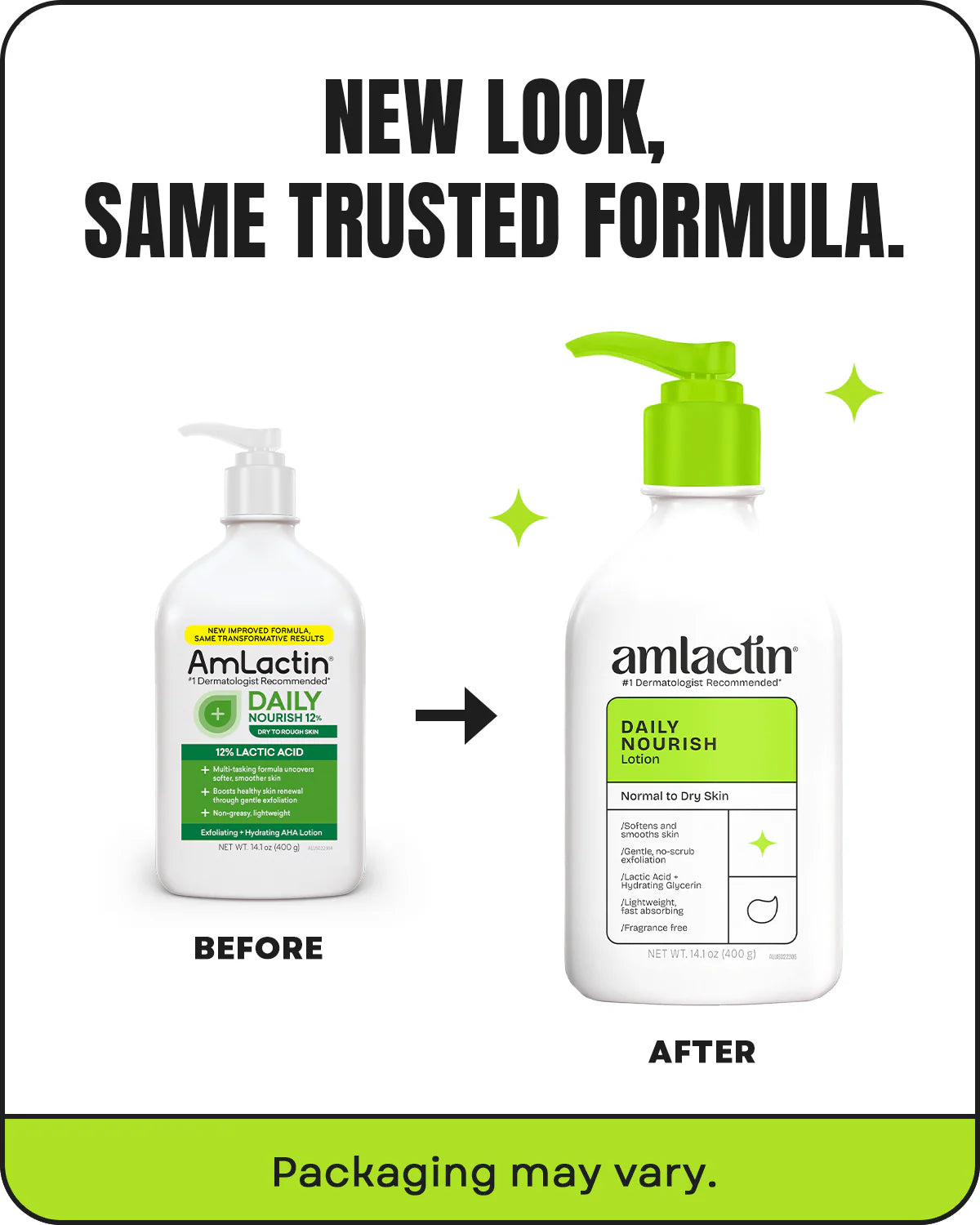 AmLactin skincare product packaging comparison with 'Before' and 'After' labels.