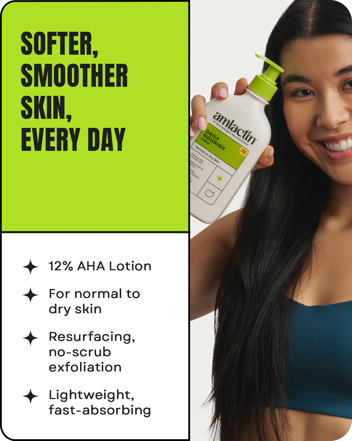 A smiling woman holds AmLactin Daily Nourish Lotion 12% Lactic Acid – 400g. Text highlights: softer, smoother skin daily with this fast-absorbing AHA body lotion from AmLactin for gentle exfoliation.