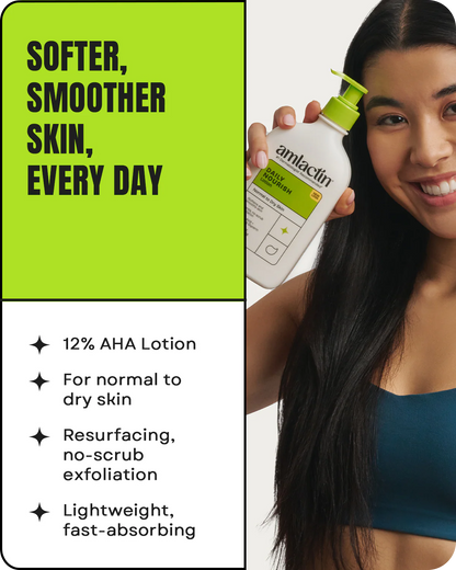 A smiling woman holds AmLactin Daily Nourish Lotion 12% Lactic Acid – 400g. Text highlights: softer, smoother skin daily with this fast-absorbing AHA body lotion from AmLactin for gentle exfoliation.