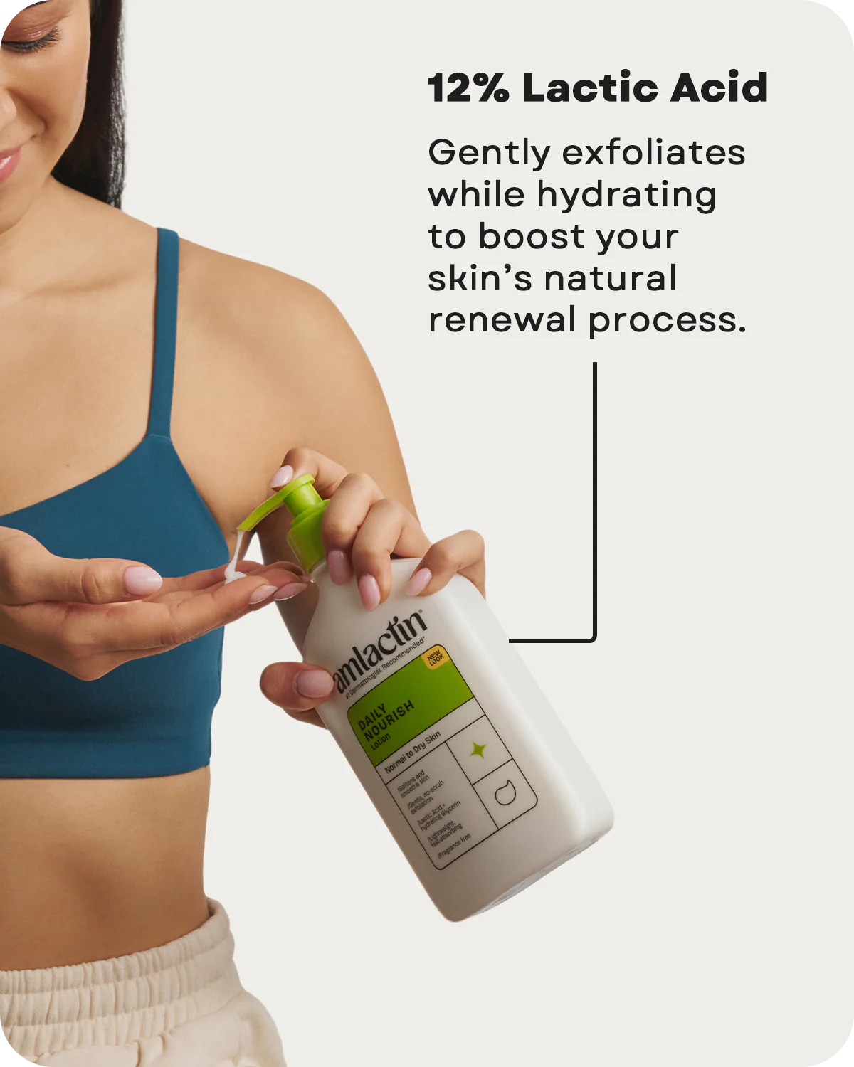 A woman in a teal sports bra dispenses AmLactin Daily Nourish Lotion 12% Lactic Acid – 400g. Text: Gently exfoliates and hydrates to support your skin’s natural renewal process. Brand: AmLactin.