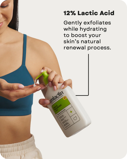A woman in a teal sports bra dispenses AmLactin Daily Nourish Lotion 12% Lactic Acid – 400g. Text: Gently exfoliates and hydrates to support your skin’s natural renewal process. Brand: AmLactin.