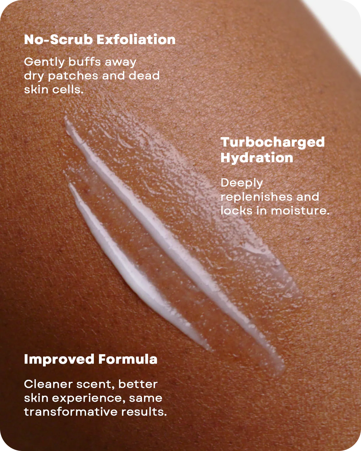 Close-up of skin with cream streaks. Text highlights AmLactin Daily Nourish Lotion 12% Lactic Acid—turbocharged hydration, no-scrub exfoliation, and an improved AHA body lotion formula with a fresher scent for optimal skin performance.