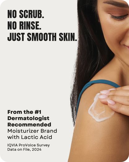 A woman applies AmLactin Daily Nourish Lotion 12% Lactic Acid – 400g to her shoulder. Text: No scrub. No rinse. Just smooth skin with our exfoliating body lotion from AmLactin, the #1 dermatologist recommended moisturizer brand.* *IQVIA ProVoice Survey, 2024.
