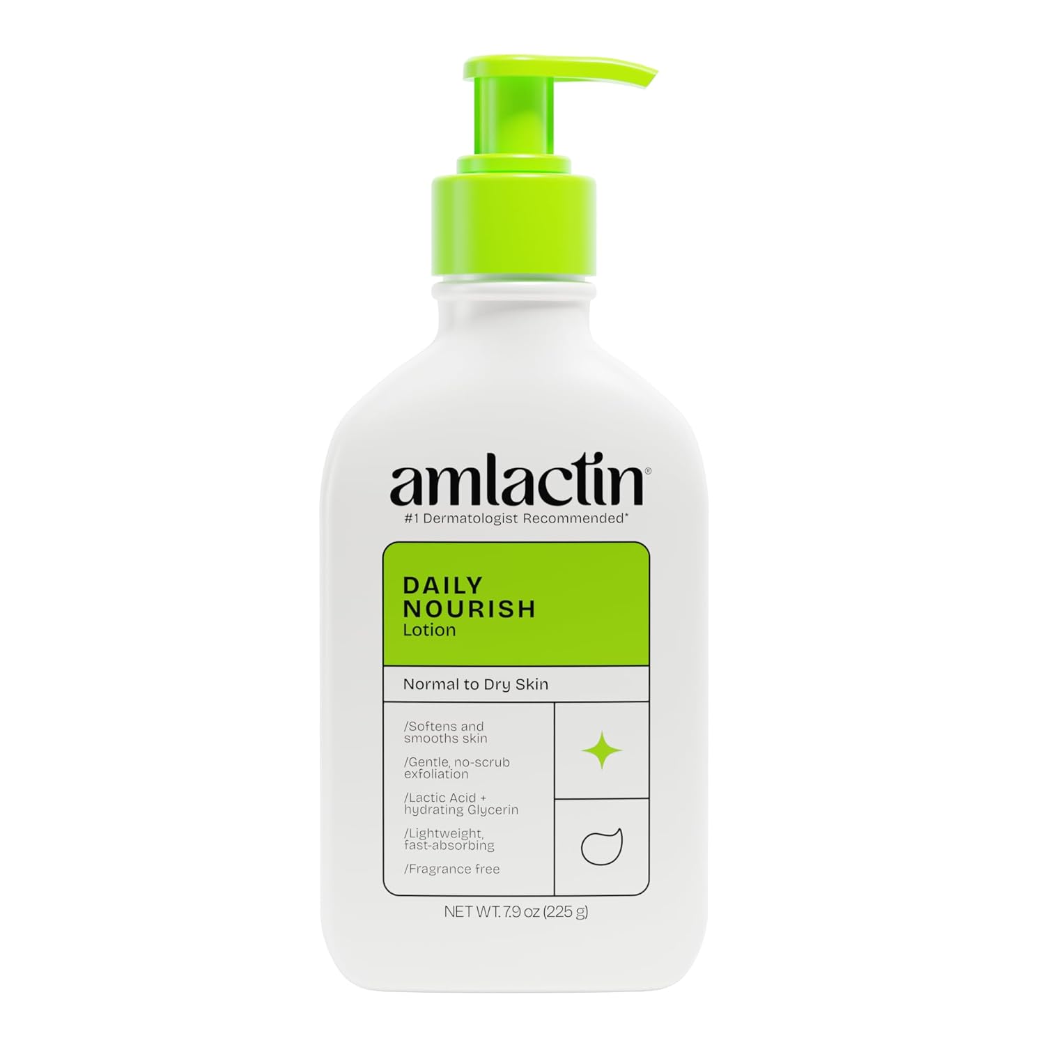 Amlactin Daily Nourish Lotion bottle with green pump on a white background