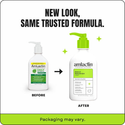 Amlactin skincare product packaging comparison with 'Before' and 'After' labels.