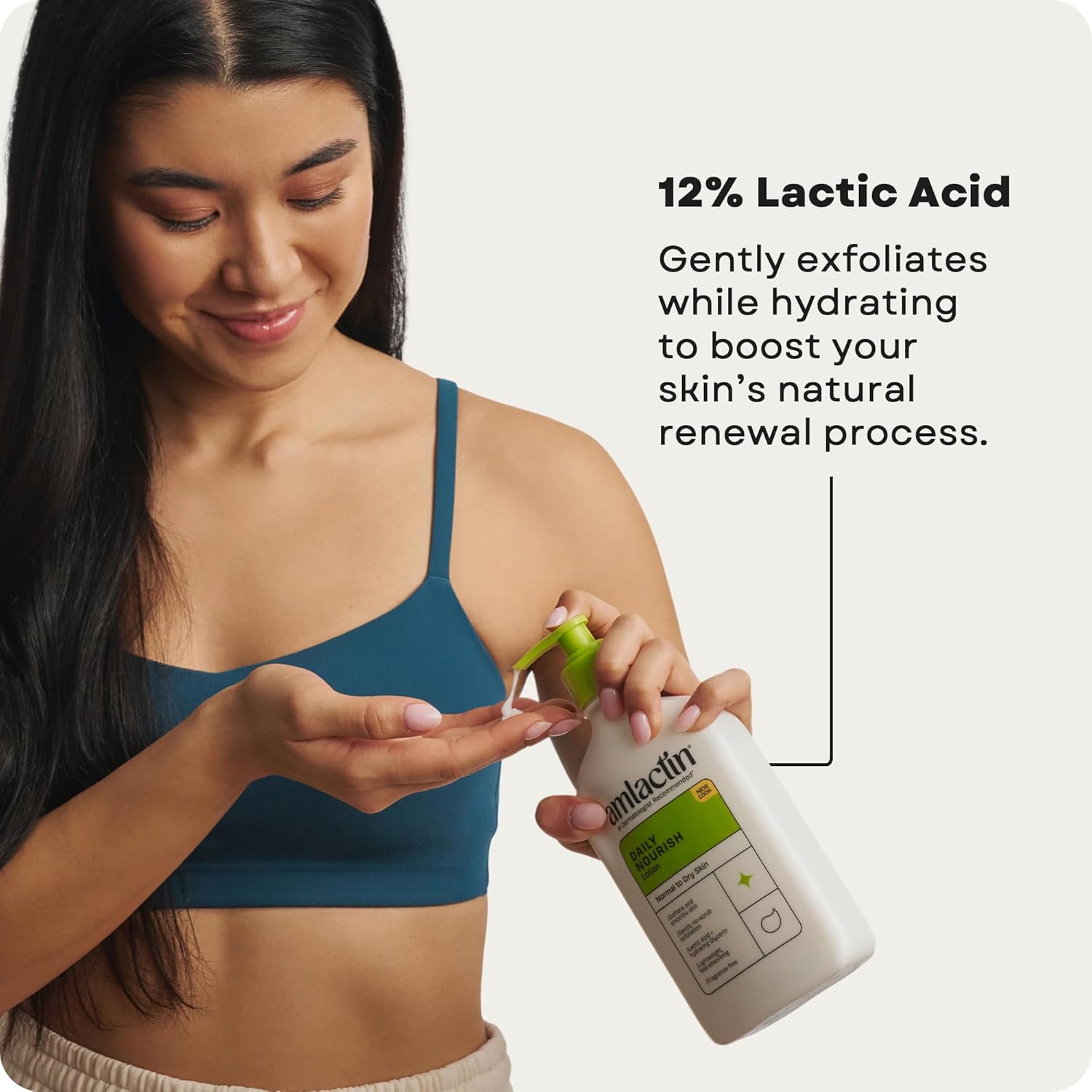 Woman holding a bottle of Ambiantl with text about lactic acid benefits on a gray background