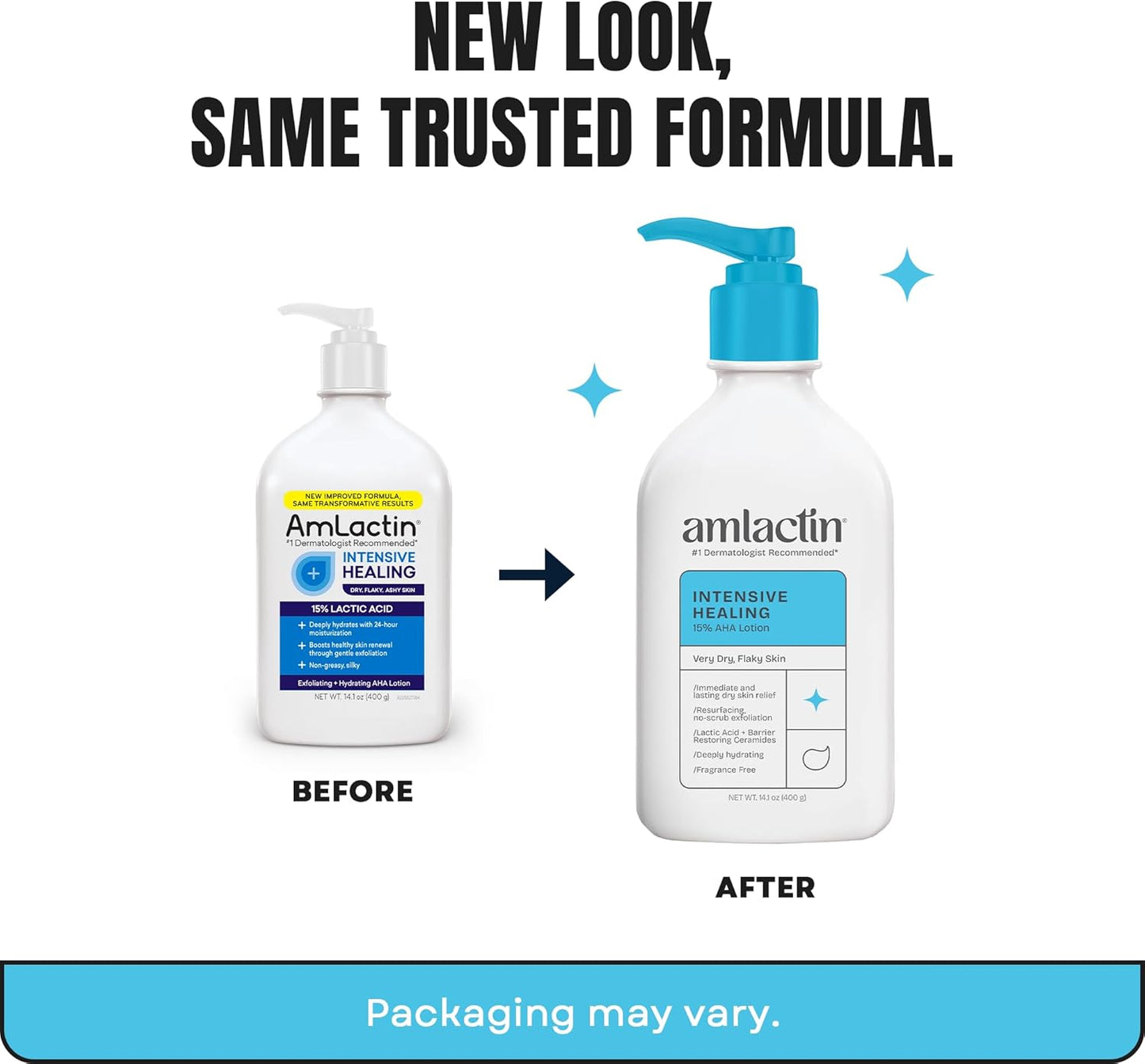 AmLactin skincare product bottles before and after packaging change on a white background
