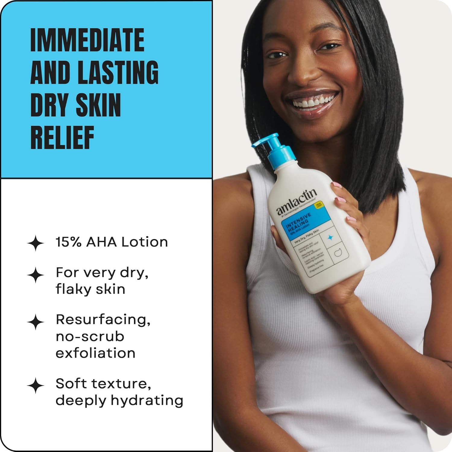 Woman holding a bottle of lotion with product details on a white background