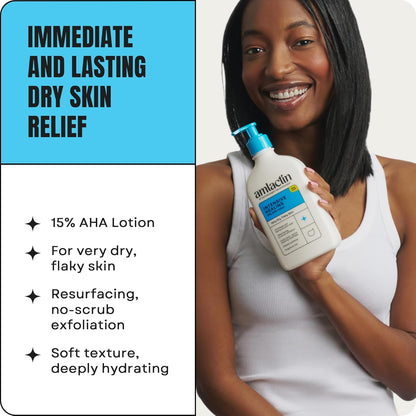 Woman holding a bottle of lotion with product details on a white background