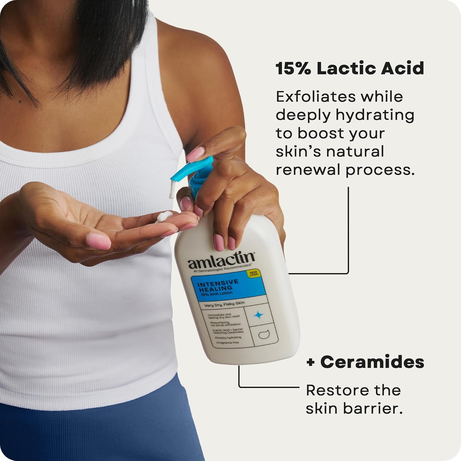 Person holding a bottle of Amlactin product with text about lactic acid and ceramides.