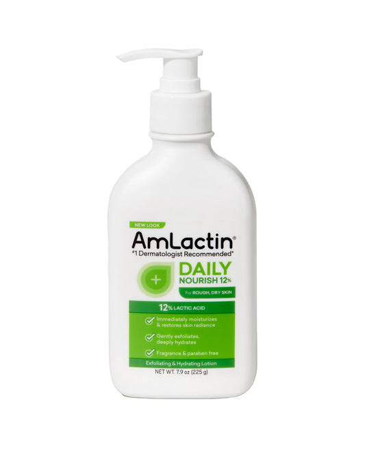 AmLactin daily nourish lotion bottle with 12% lactic acid on a white background