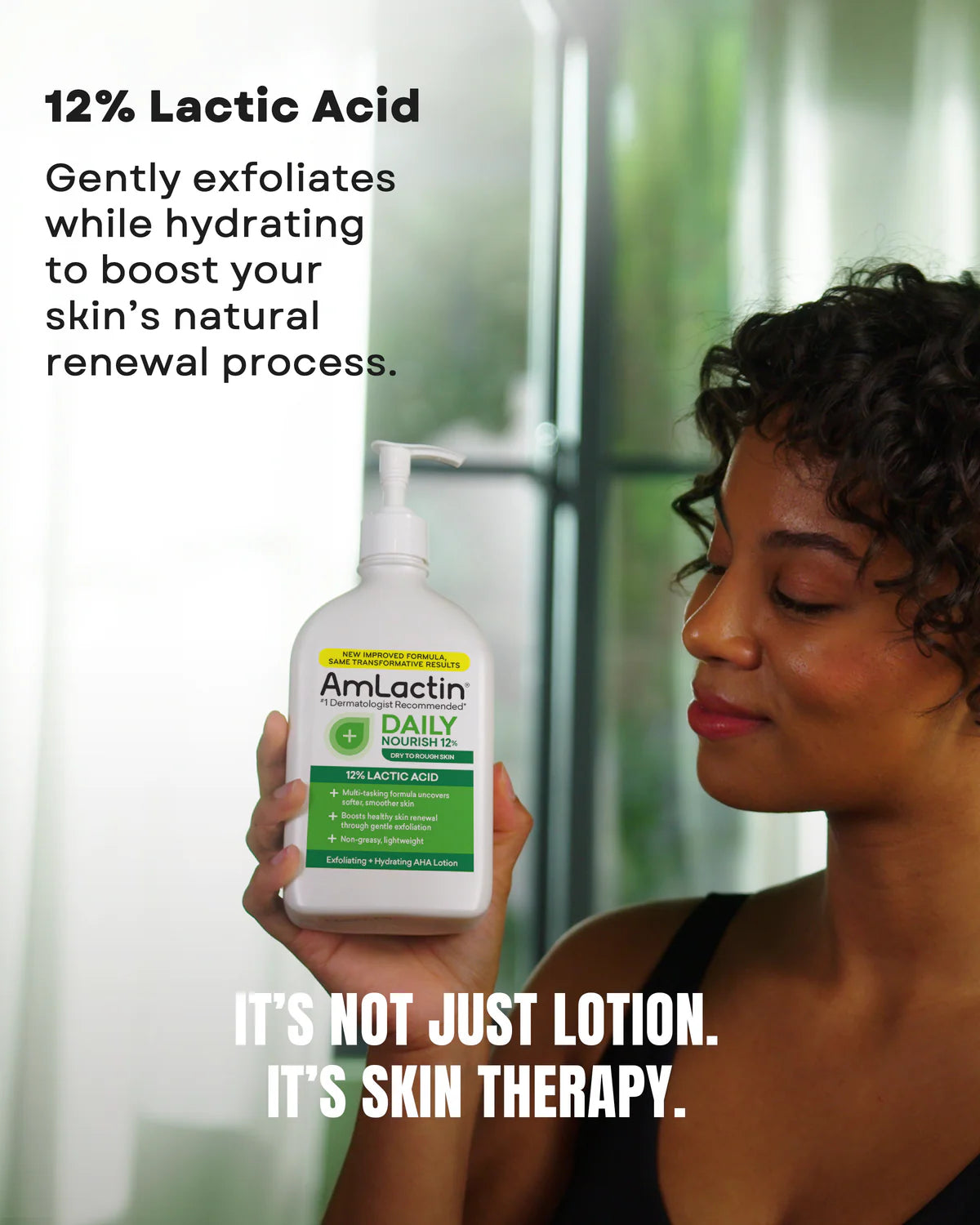 Woman holding an AmLactin product with text about lactic acid benefits.