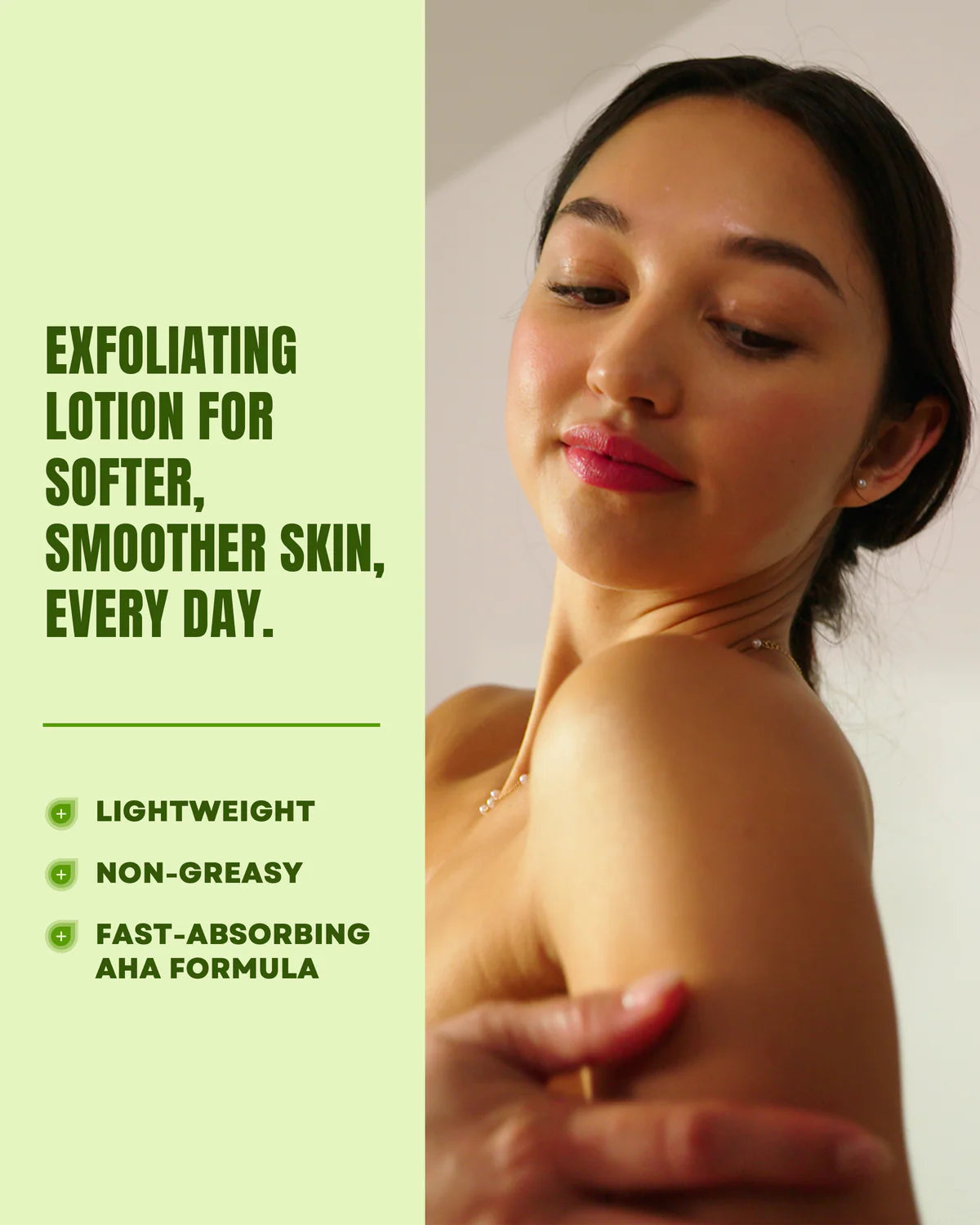 Woman applying lotion with text about exfoliating lotion benefits on a green background