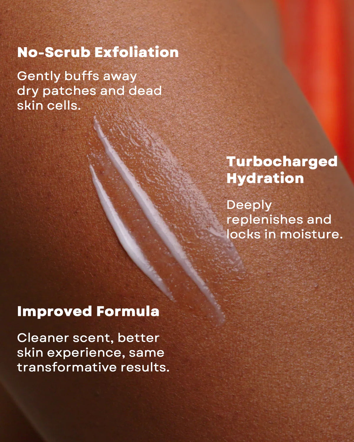Product application on skin with text describing benefits
