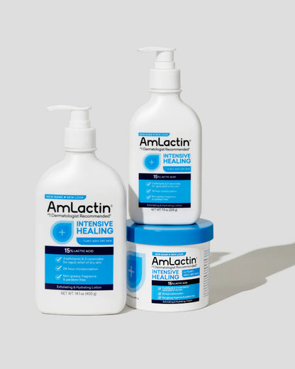 AmLactin Intensive Healing skincare products on a light gray background