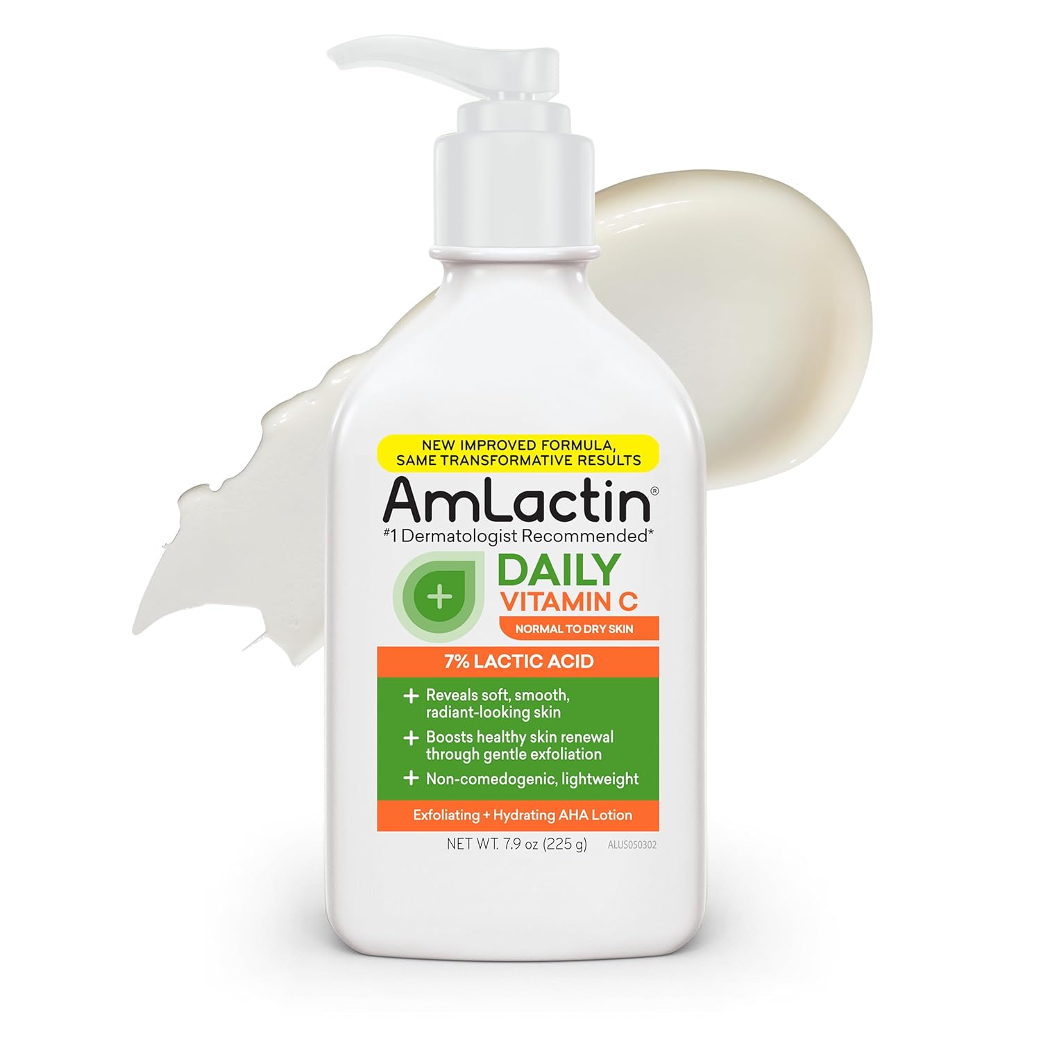 A bottle of AmLactin Daily Vitamin C Lotion 7% Lactic Acid (225g) is shown with product details on the label and a pump dispenser, while a smear in the background highlights its creamy texture.