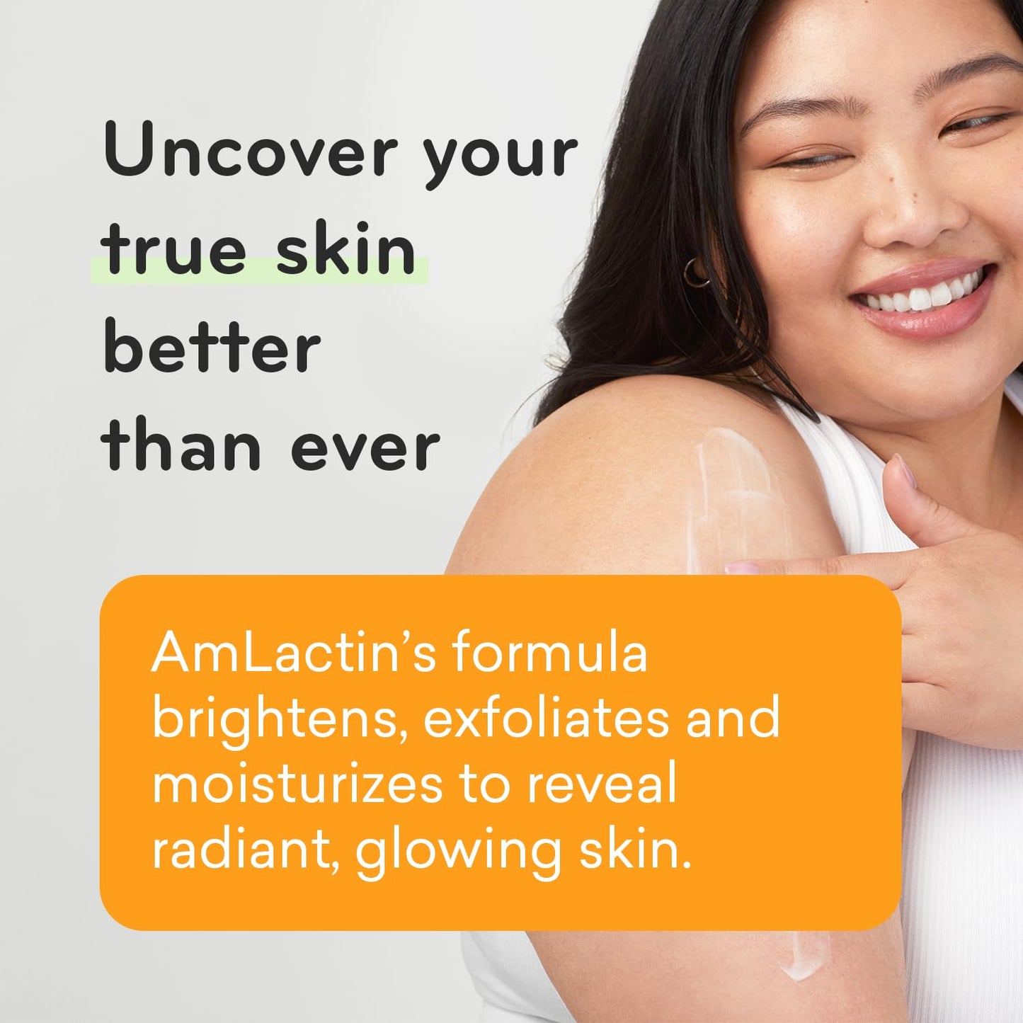 A smiling woman applies AmLactin Daily Vitamin C Lotion 7% Lactic Acid (225g) to her arm. Text: Reveal your most radiant skin—AmLactin brightens, exfoliates, and moisturizes for a healthy glow.