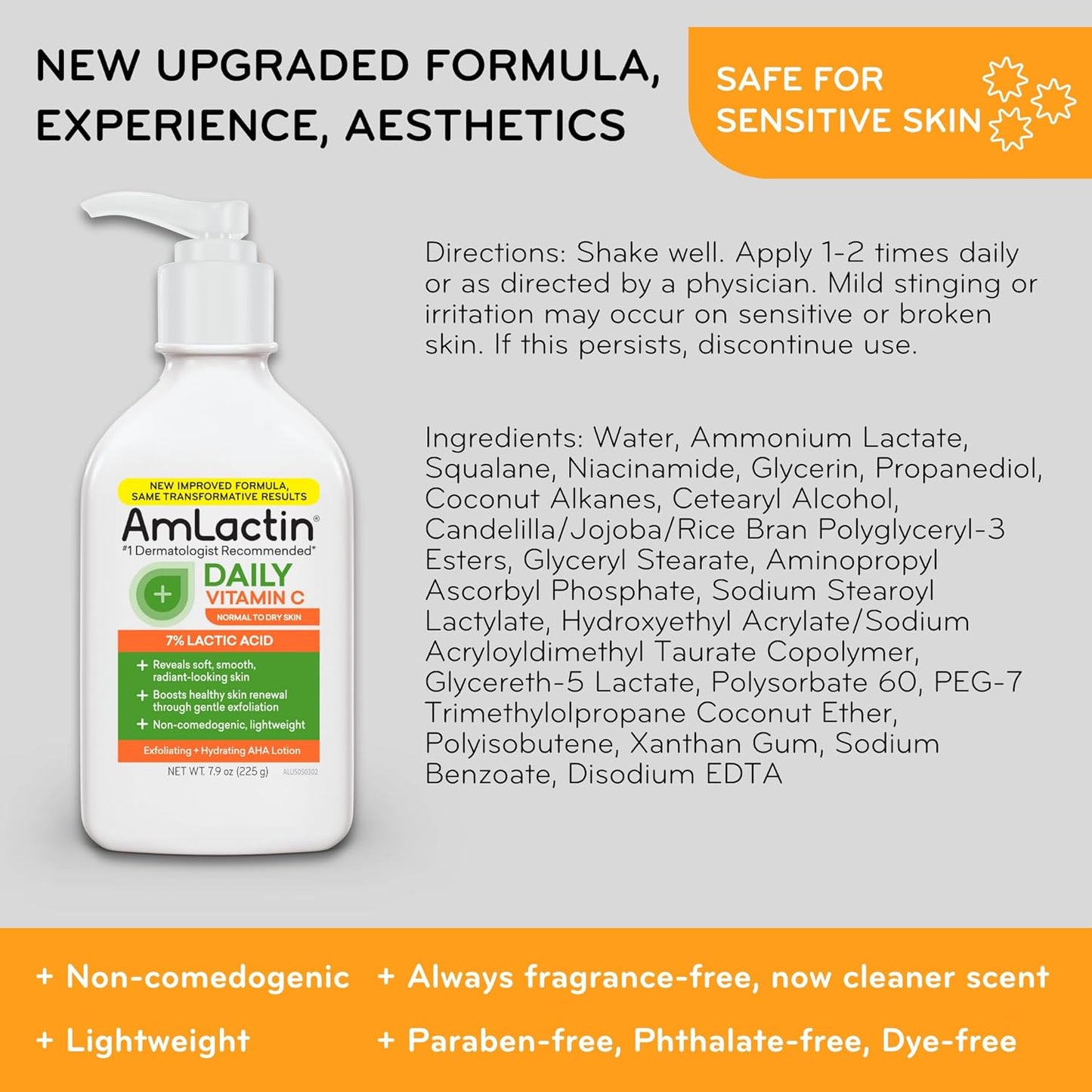 A bottle of AmLactin Daily Vitamin C Lotion 7% Lactic Acid (225g) is shown, highlighting its new formula that’s fragrance-free, non-comedogenic, paraben-free, safe for sensitive skin, with directions and ingredients on a gray and yellow background.