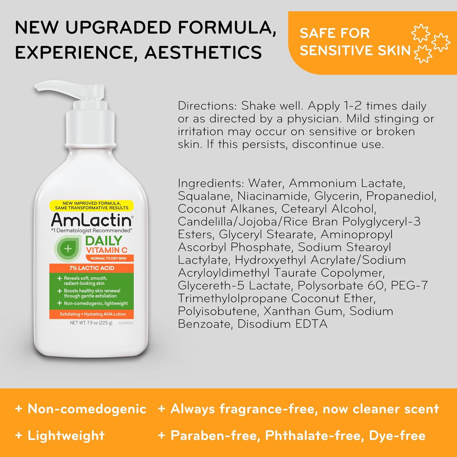 A bottle of AmLactin Daily Vitamin C Lotion 7% Lactic Acid (225g) is shown, highlighting its new formula that’s fragrance-free, non-comedogenic, paraben-free, safe for sensitive skin, with directions and ingredients on a gray and yellow background.